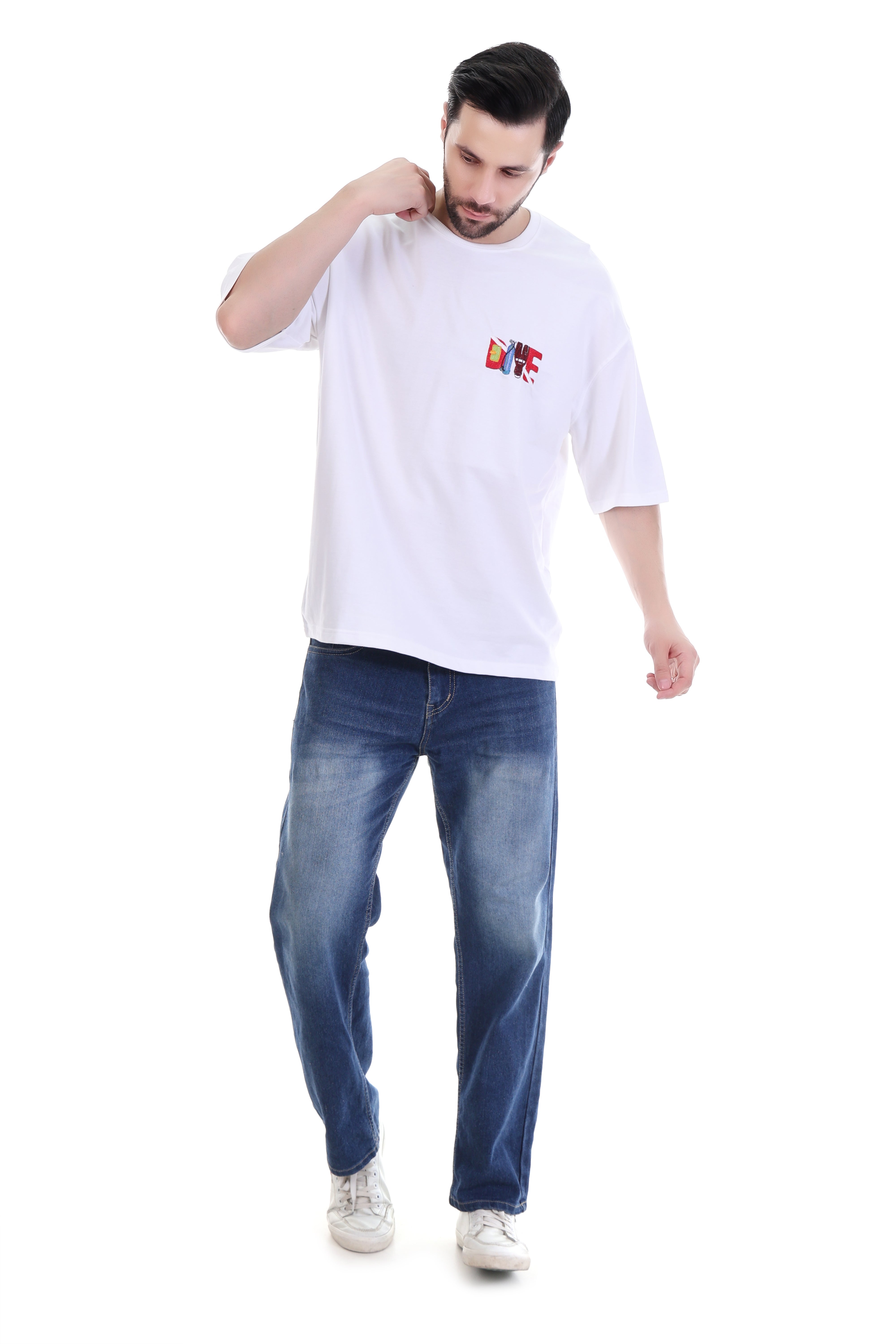 Men’s Oversized White T-Shirt with DIVE Embroidery – Pure Cotton | Trendy Summer Streetwear India