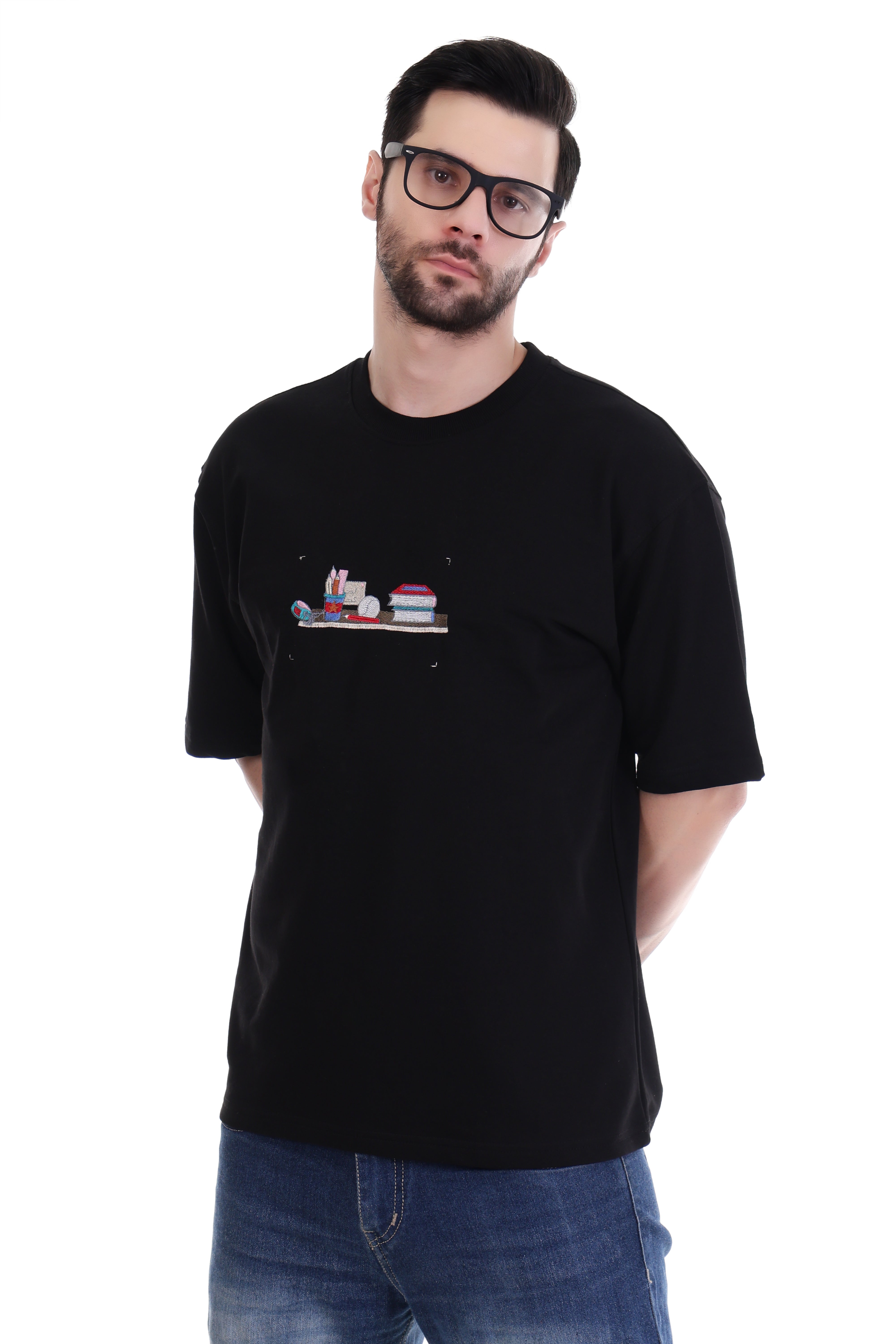 Men’s Oversized Study Embroidery T-Shirt – Pure Cotton | Minimal Intellectual Streetwear