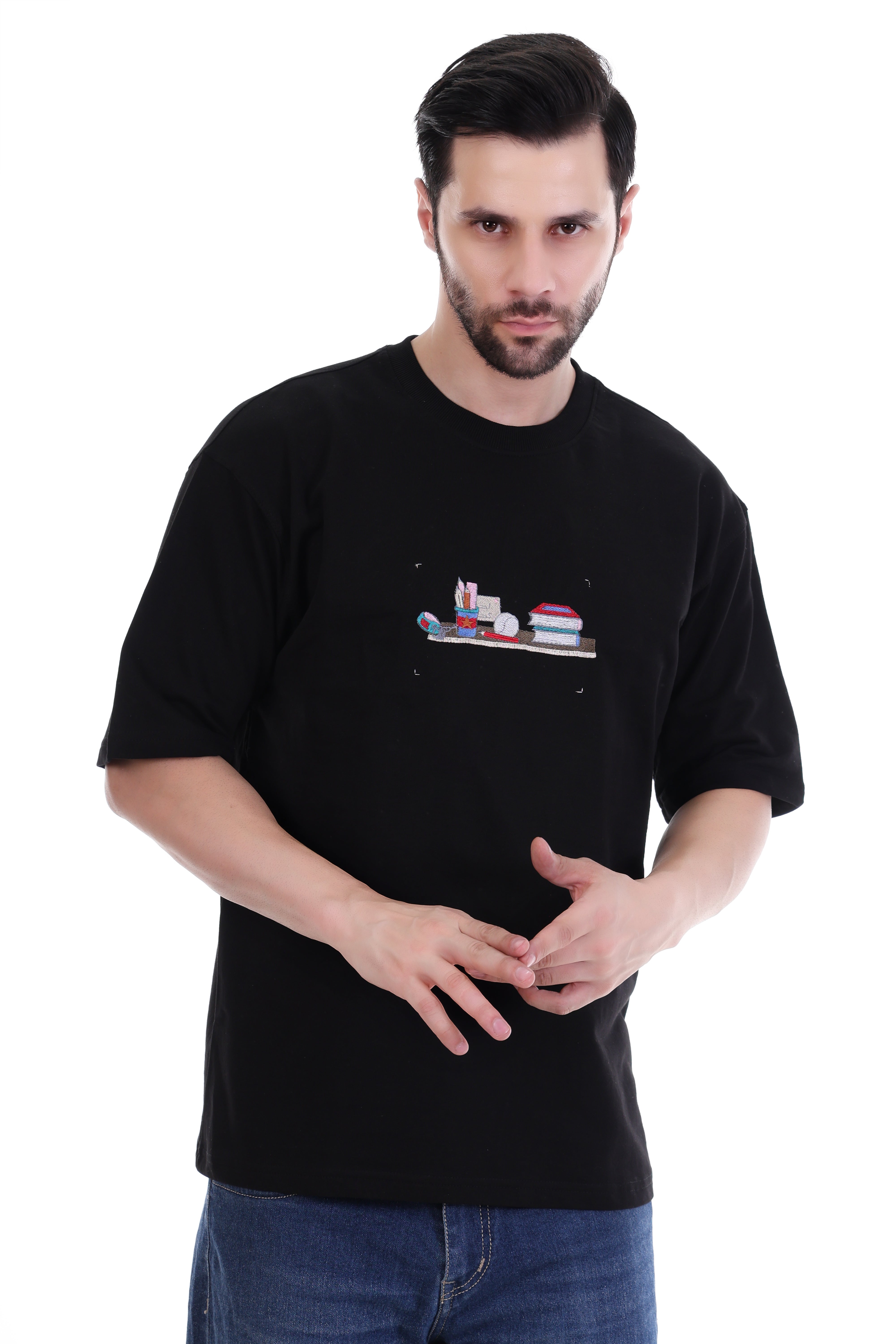 Men’s Oversized Study Embroidery T-Shirt – Pure Cotton | Minimal Intellectual Streetwear