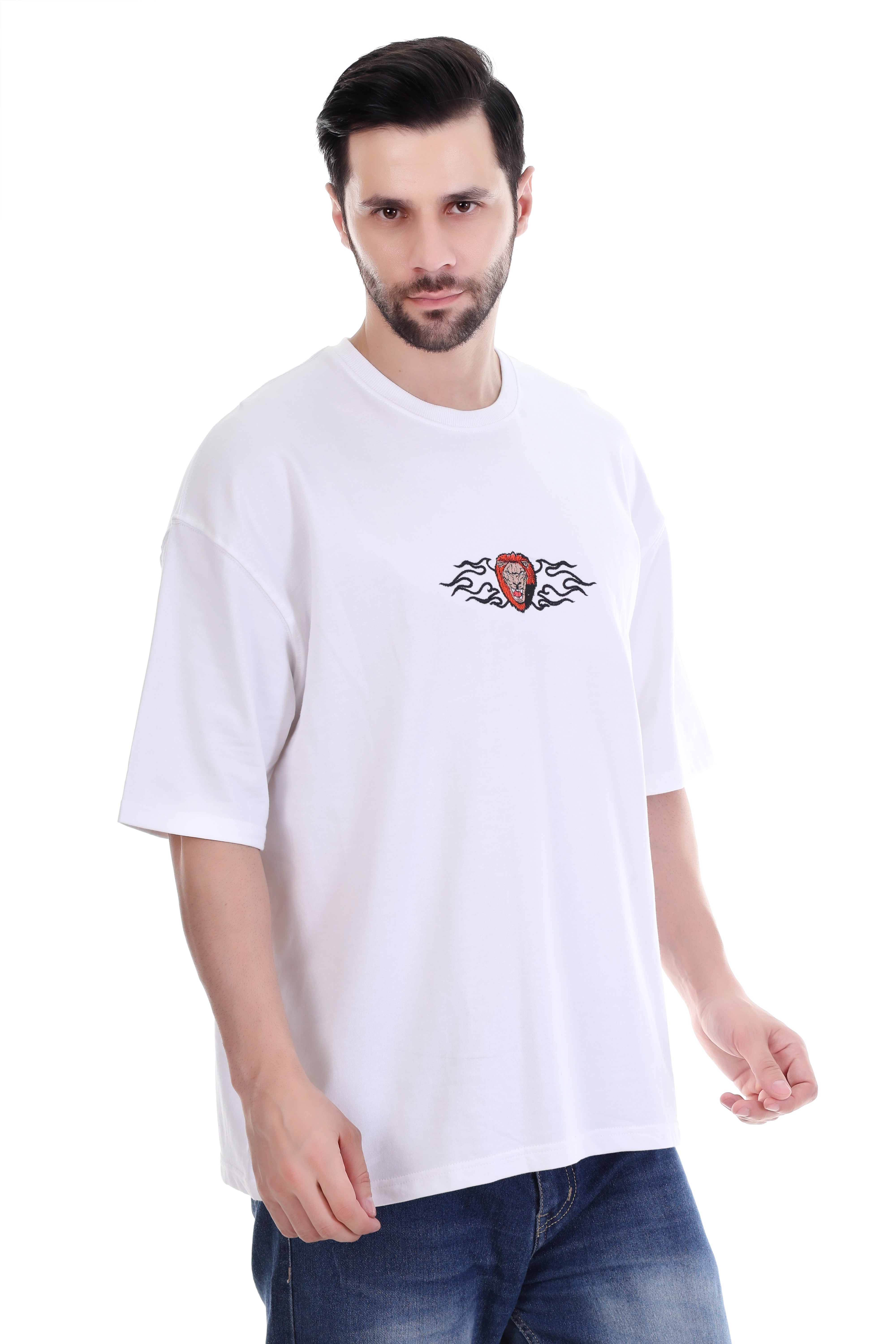 Men’s Oversized White T-Shirt with Lion Embroidery – Pure Cotton | Bold Streetwear India