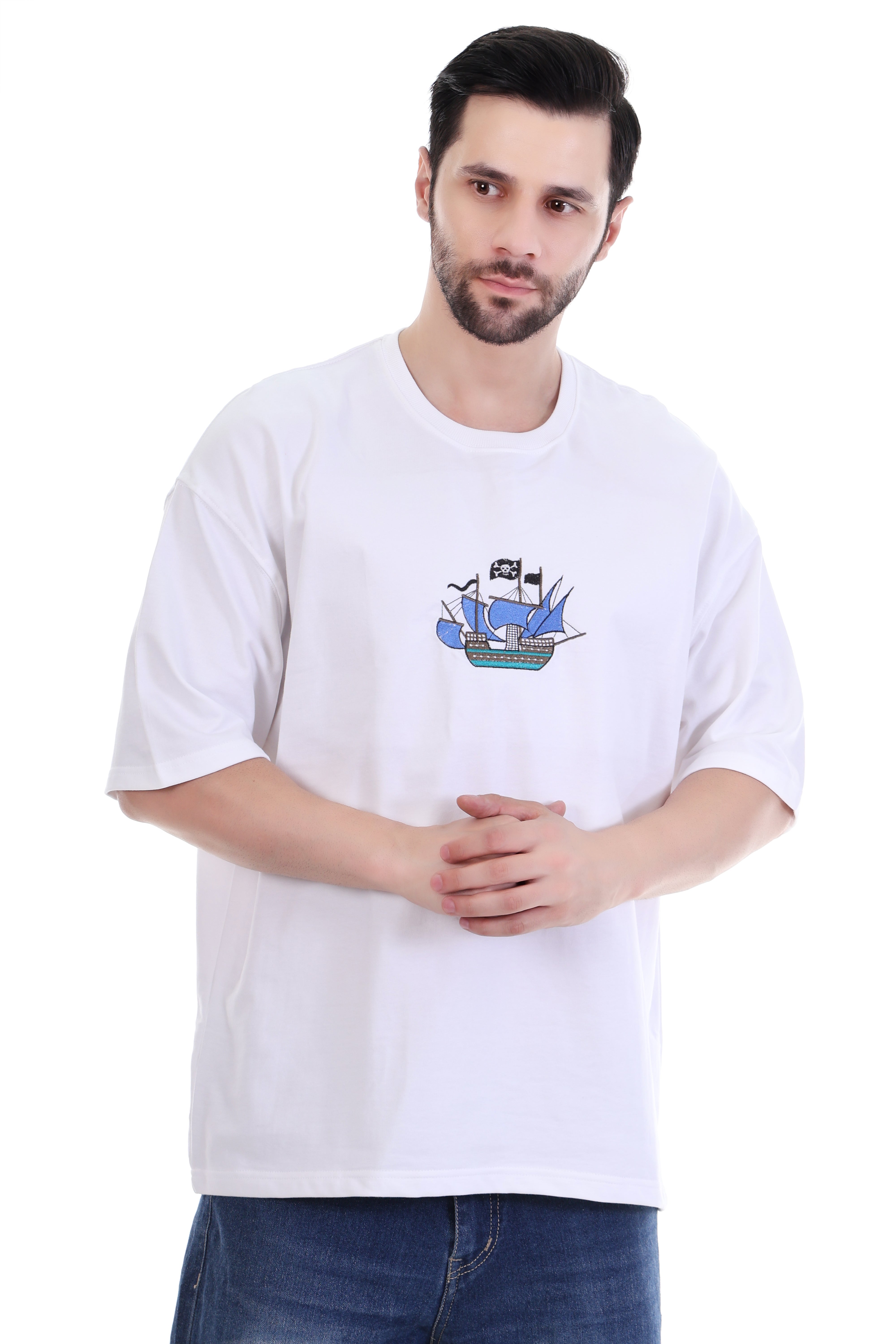 Men’s Oversized White Pirate Ship Embroidered T-Shirt | 100% Cotton Streetwear India