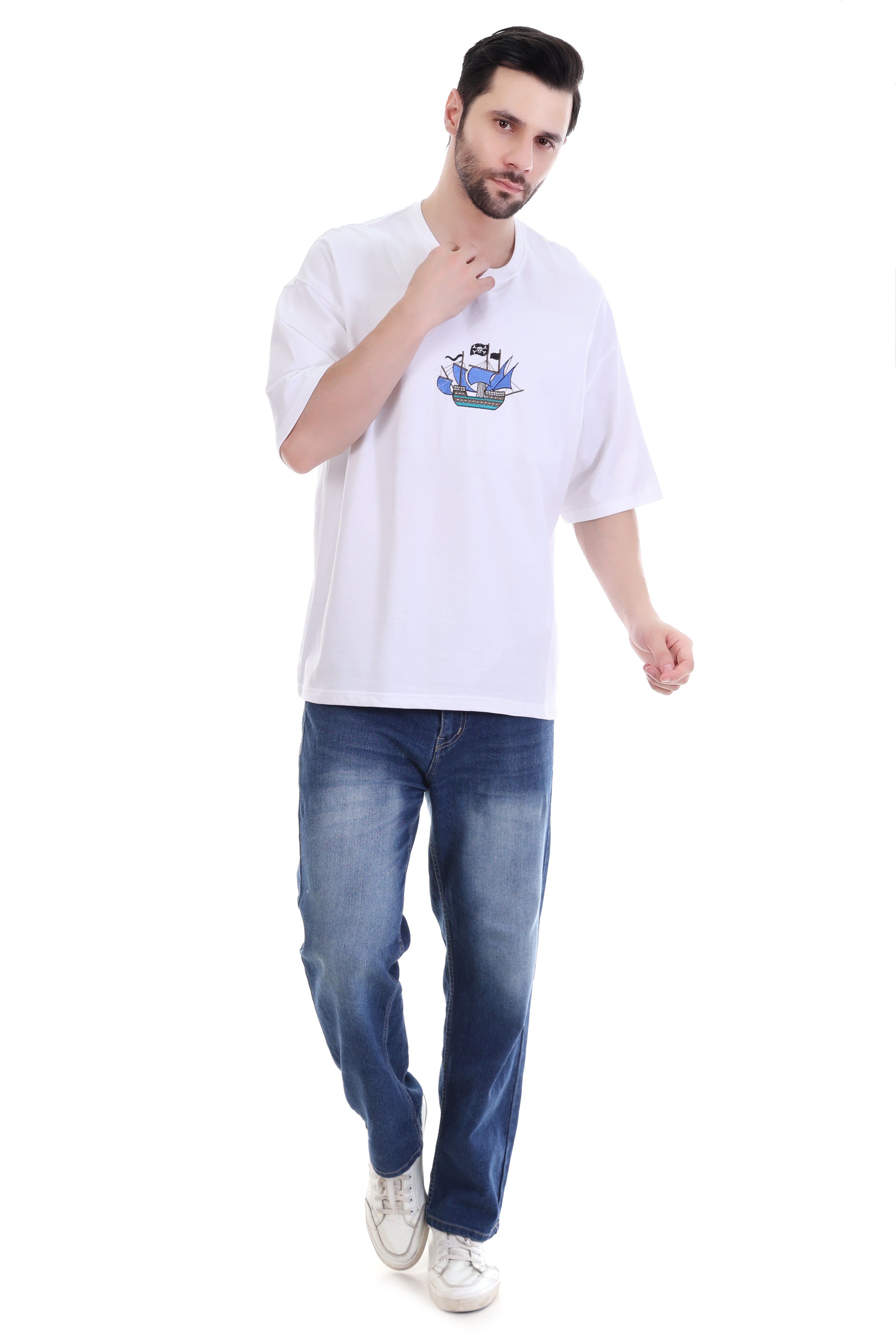 Men’s Oversized White Pirate Ship Embroidered T-Shirt | 100% Cotton Streetwear India