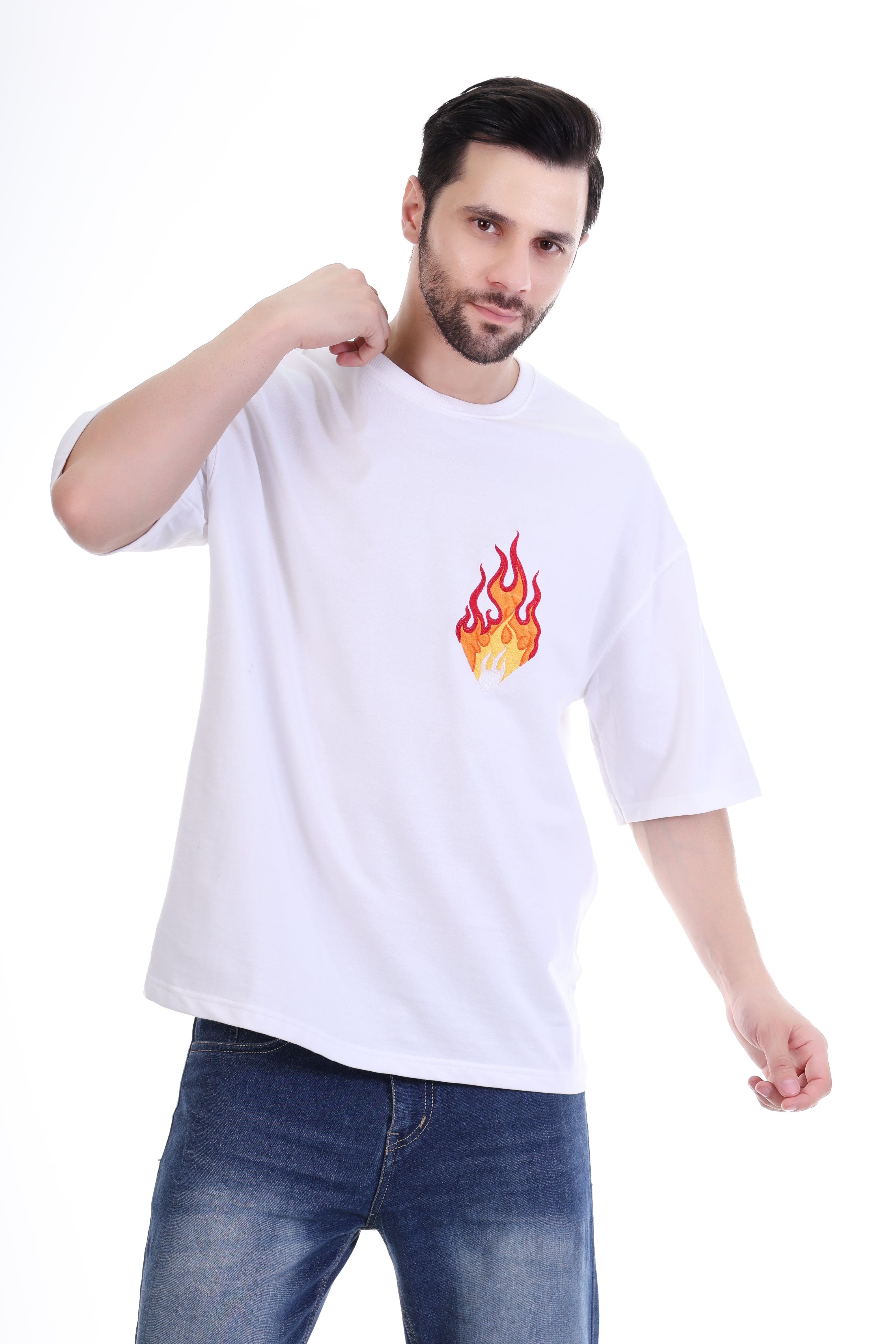 Flame Embroidery - 100% Pure Cotton Streetwear | Men's Oversized White T-Shirt