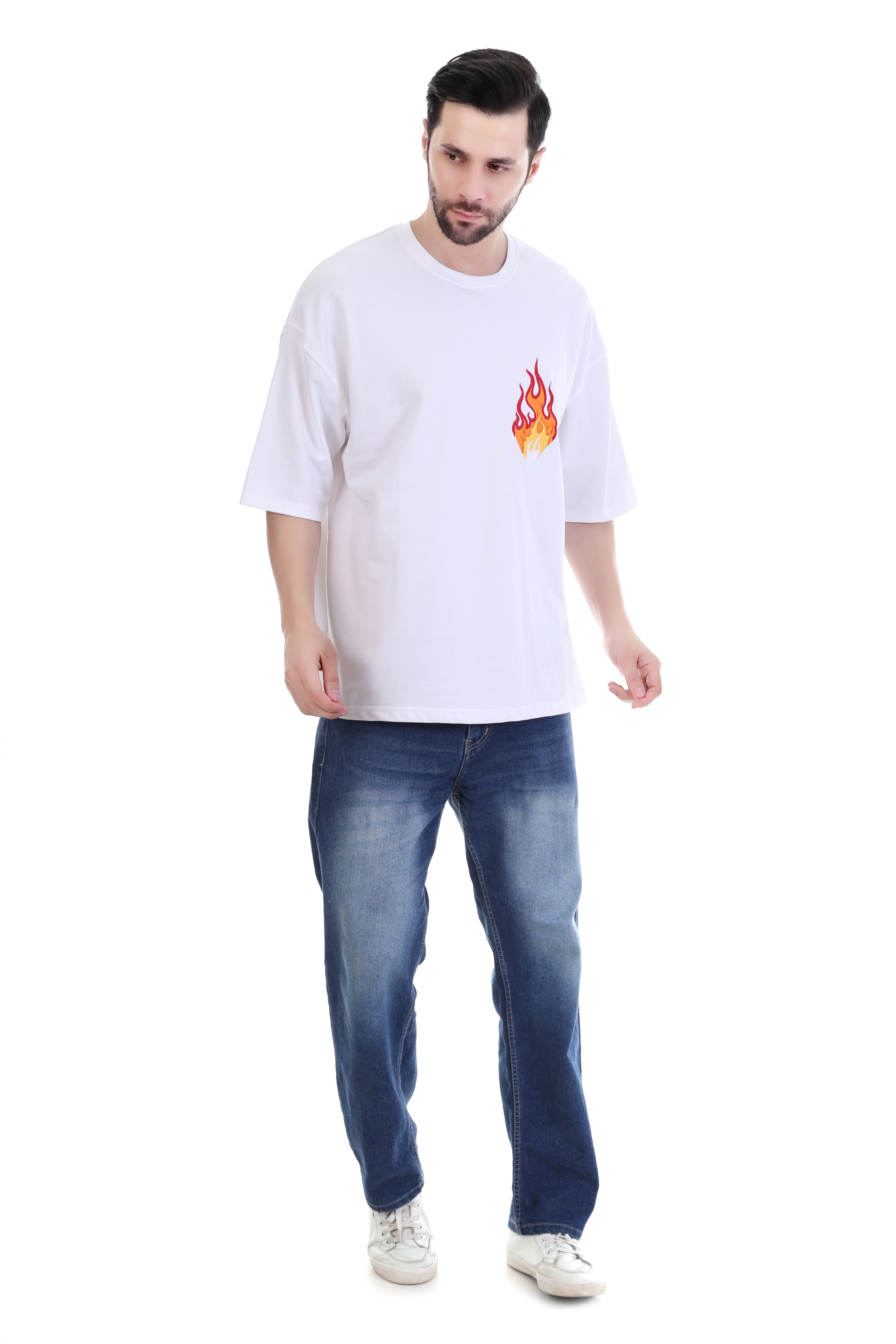 Flame Embroidery - 100% Pure Cotton Streetwear | Men's Oversized White T-Shirt